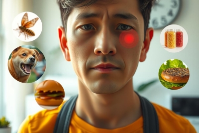 In the image, a young man is captured in his kitchen. He appears to be of Asian descent and is looking directly at the camera with a neutral expression. The kitchen setting includes various food items scattered around, such as a burger, hamburger bun, hot dog, fries, and a cake. These images suggest a theme related to food or cooking. The colors in the image are primarily warm tones, indicative of a domestic environment.