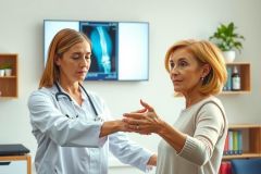 Doctor examining patient during medical consultation. Healthcare professional in white coat checks patient's back, with an X-ray visible in the background.  Medical office setting.