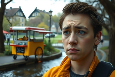The image features a young individual with short hair and a thoughtful expression, standing on a sidewalk next to a small tour bus. The person is wearing a yellow jacket over a black top and has a backpack strapped over their shoulders. Behind the individual is a lush green park setting with various trees and grass. 
