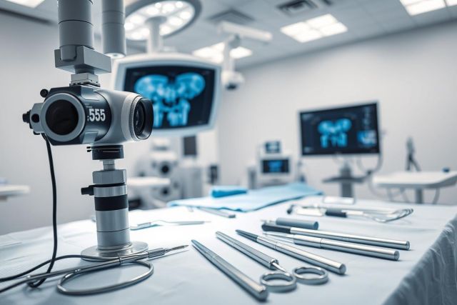 Surgical operating room scene with medical equipment and instruments. Blue and silver tones dominate the sterile environment, featuring a camera, surgical tools, and monitors displaying medical imaging. Focus on medical technology and healthcare setting.