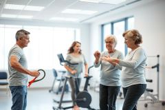 Senior fitness class in a bright, modern gym. A male instructor leads exercises with three older women using resistance bands. Focus on active aging, healthy lifestyle, and rehabilitation in a light-filled, clean environment. Gray, white, and neutral tones dominate the scene.