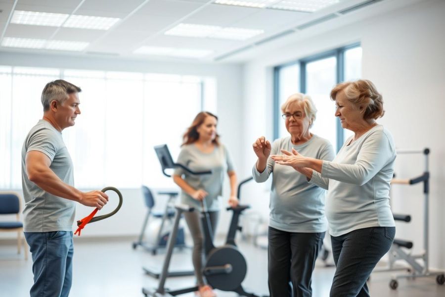Senior fitness class in a bright, modern gym. A male instructor leads exercises with three older women using resistance bands. Focus on active aging, healthy lifestyle, and rehabilitation in a light-filled, clean environment. Gray, white, and neutral tones dominate the scene.