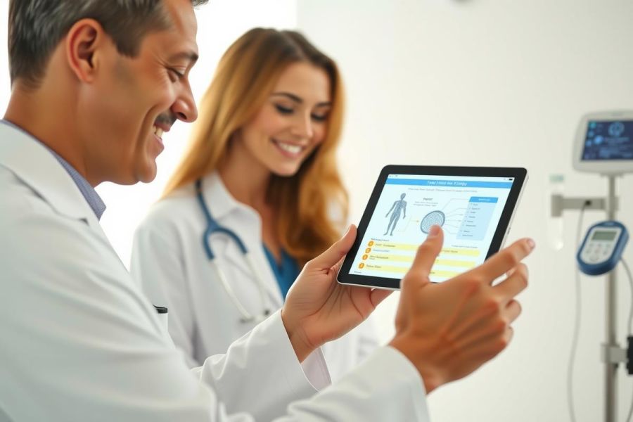 Two doctors in white coats examine a tablet, likely reviewing patient data. The scene takes place in a medical environment with equipment visible in the background. Focus on healthcare professionals and technology.