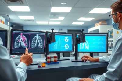 The image depicts a medical setting, specifically focusing on radiologists at work. They are seated in front of computer monitors displaying medical images, possibly CT scans or MRI results. The individuals are wearing medical scrubs and face masks, indicating the importance of hygiene in their profession. 