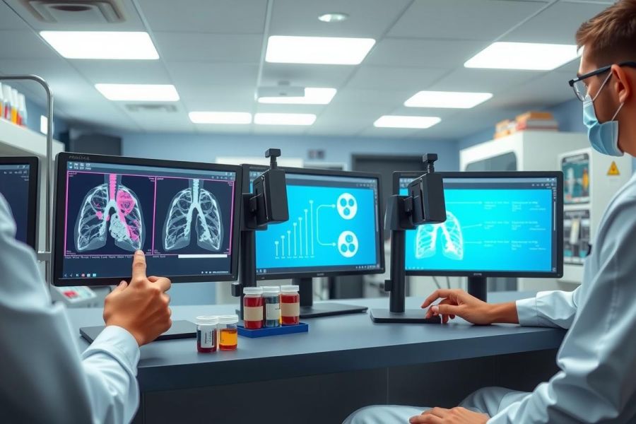 The image depicts a medical setting, specifically focusing on radiologists at work. They are seated in front of computer monitors displaying medical images, possibly CT scans or MRI results. The individuals are wearing medical scrubs and face masks, indicating the importance of hygiene in their profession. 