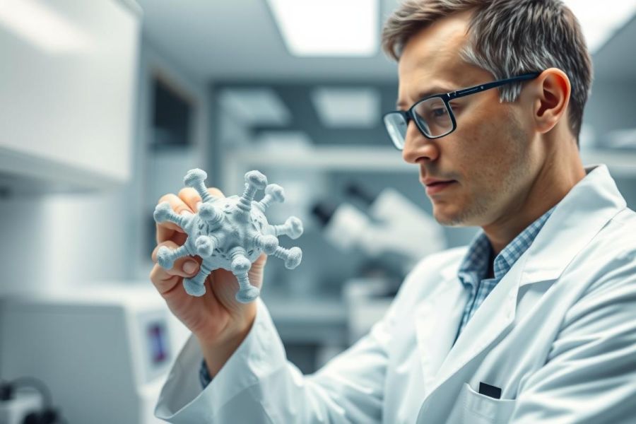 Scientist in a lab coat examines a 3D model of a virus. The image depicts medical research, virology, and scientific study with a focus on a light gray virus structure. The background shows a modern, clean laboratory environment with a blurred microscope.