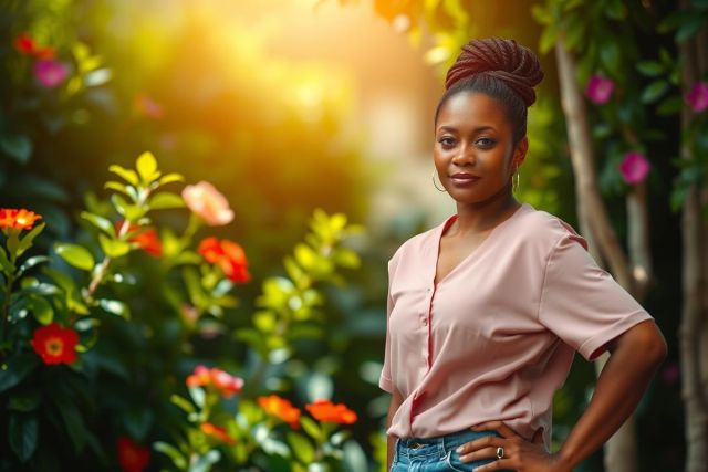 In the image, there is a woman standing amidst a vibrant garden with a backdrop of lush greenery and blossoming flowers. She is wearing a pink top, which stands out against the natural colors of her surroundings. The sunlight filters through the foliage, creating a warm atmosphere.