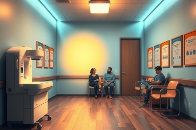 The image portrays a well-lit, modern medical waiting room with clean, minimalist design. There are three individuals seated comfortably on chairs; two adults and one child. The walls display various informative posters related to health and illness prevention. A reception desk with a computer screen is visible in the background along with a window that suggests natural light during daytime hours.