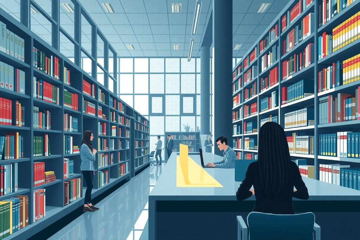 A digital illustration of a modern library with multiple floors filled with shelves holding books. The environment is bright and clean, with people engaged in various activities including reading at desks, working on laptops, and checking resources online.