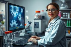 Image of a female scientist in a lab working on a computer. She is wearing a white coat, glasses, and appears focused on the task at hand with a backdrop of scientific equipment.