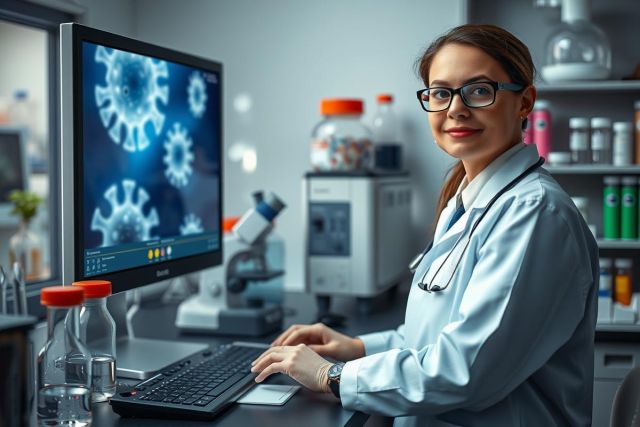 Image of a female scientist in a lab working on a computer. She is wearing a white coat, glasses, and appears focused on the task at hand with a backdrop of scientific equipment.