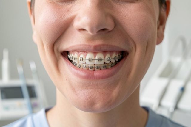 Young adult smiling in a dental clinic, showing orthodontic braces on upper and lower teeth.