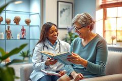 The image depicts an indoor setting where a woman is sitting on a couch, reading a book. Beside her stands another woman, likely a medical professional due to the stethoscope around her neck and her white coat, indicating she might be a doctor or nurse.