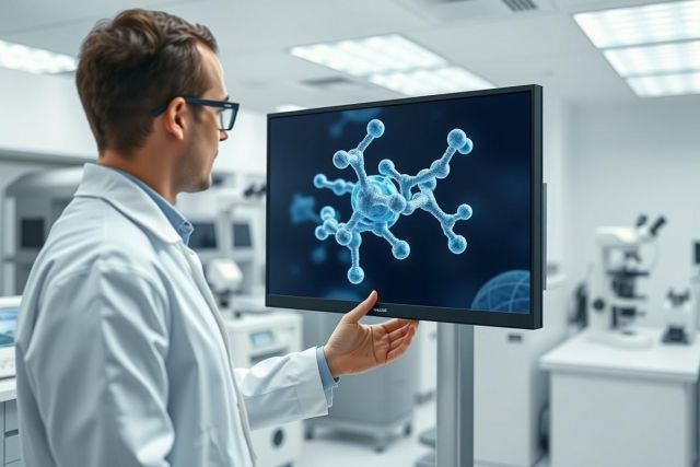 Scientist in lab examining a blue molecular structure displayed on a screen. Research, biotechnology, and medical science concepts illustrated in a modern laboratory setting with scientific equipment visible.