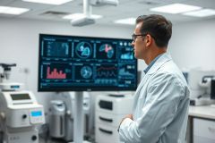 Scientist in a modern laboratory analyzing data on a monitor. The clean, white environment features laboratory equipment and displays complex graphs. A man in a lab coat looks thoughtfully at the screen, suggesting research and medical technology. Blue and white tones dominate the image.