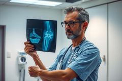 Doctor examining an X-ray in a clinic setting. Focus on bone structure and medical diagnostics. Blue scrubs, professional healthcare environment.
