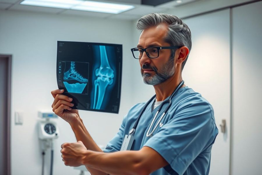 Doctor examining an X-ray in a clinic setting. Focus on bone structure and medical diagnostics. Blue scrubs, professional healthcare environment.