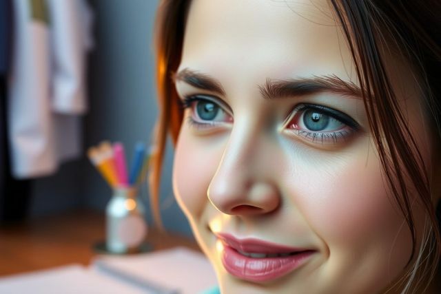 The image features a young woman with blue eyes, smiling slightly and looking to her right. Her hair is dark and neatly styled. She is in an indoor setting that appears to be a home office or study area, as indicated by the desk with various items on it.
