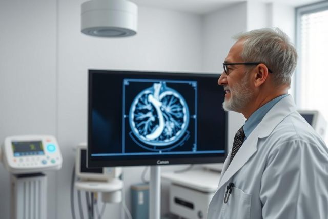 Doctor examining a brain MRI scan in a modern medical setting. The image shows a grayscale brain scan displayed on a monitor, viewed by a male physician in a white lab coat. Focus is on diagnostic imaging and healthcare technology. Clean, bright environment with cool tones.