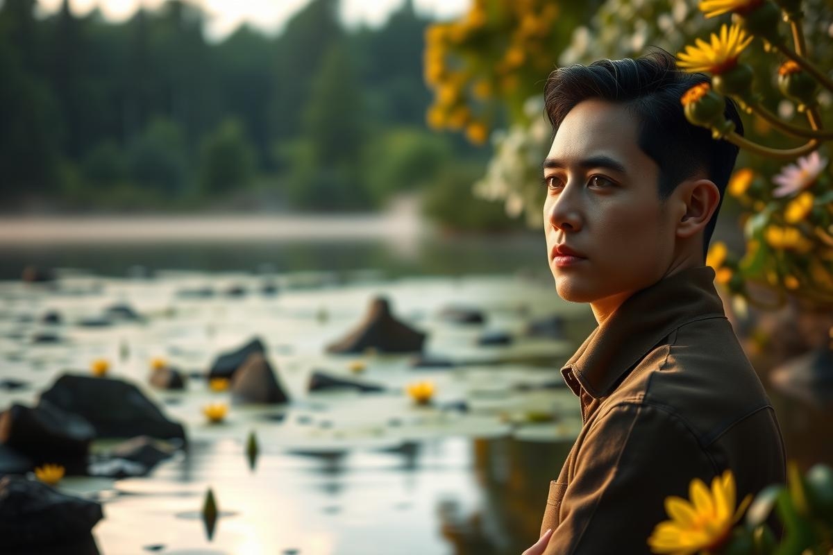 In this image, a young man stands amidst a serene landscape featuring a tranquil body of water and an array of colorful flowers. His gaze is directed towards the viewer, creating a sense of connection with the audience. The scene exudes peacefulness and contemplation, with the surrounding nature adding to the overall atmosphere.