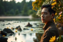 In this image, a young man stands amidst a serene landscape featuring a tranquil body of water and an array of colorful flowers. His gaze is directed towards the viewer, creating a sense of connection with the audience. The scene exudes peacefulness and contemplation, with the surrounding nature adding to the overall atmosphere.
