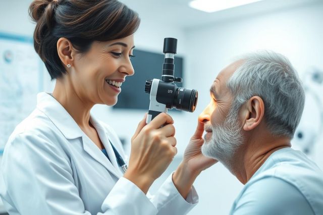 Optometrist examining patient's eye in a bright, modern clinic. The doctor uses an ophthalmoscope during a routine eye exam. Focus on healthcare, eye care, and medical checkups with a professional, friendly atmosphere.