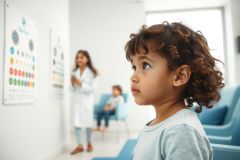 Young child with curly hair at an eye exam. A doctor in a white coat is visible in the background, along with another child. The scene takes place in a bright, modern clinic with blue chairs and eye charts on the wall. Pediatric healthcare, vision test, child's eye health.