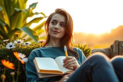 The image features a young woman sitting on the grass and reading a book. She appears relaxed, with her head slightly tilted as she gazes at the open pages of the book.