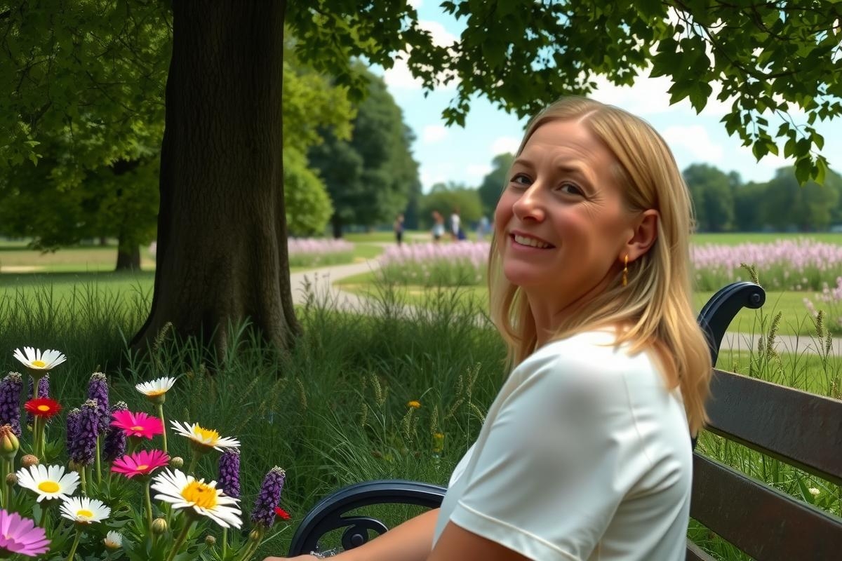 A woman smiling at the camera, sitting on a bench in a park. The environment is green and vibrant with colorful flowers around her.