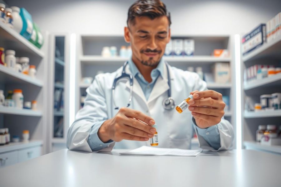 A pharmacist in a lab coat examines a vial of medication at a workstation. The scene shows a pharmaceutical environment with shelves of drugs in the background.