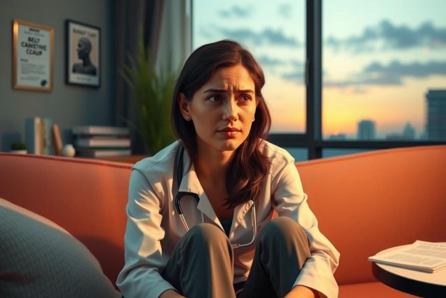 A young woman is sitting on a couch indoors, looking out of the window. She is wearing a white blouse and her expression seems contemplative or concerned. The room has modern decor with a color scheme that includes shades of beige and brown.