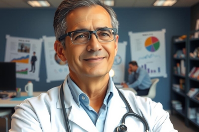 The image shows a man in a professional setting, likely an office environment. He is wearing glasses and a white coat, suggesting he might be a doctor or some other form of medical professional. His posture is confident with his arms crossed as he smiles at the camera, conveying a sense of competence and approachability.