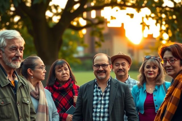 A group of diverse people, including a mix of men and women with different hairstyles and clothing styles, standing together in an open park setting. The sun is low on the horizon, creating a warm evening atmosphere.