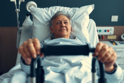The image shows a man in a hospital bed engaged in physical therapy. He is holding onto handrails with both hands and appears to be lifting himself off the bed, which suggests he might be rehabilitating from an injury or surgery.