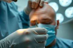 Close-up of a gloved hand holding a syringe in a medical setting, likely an operating room. The background is blurred with bright surgical lights, creating a sterile and clinical atmosphere.