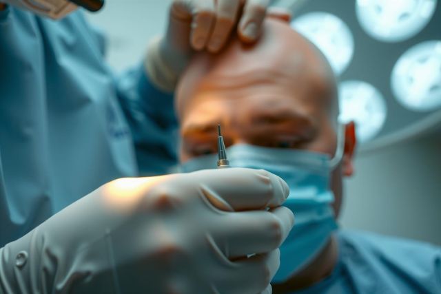 Close-up of a gloved hand holding a syringe in a medical setting, likely an operating room. The background is blurred with bright surgical lights, creating a sterile and clinical atmosphere.