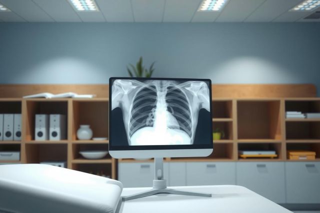 Medical X-ray image displayed on a monitor in a clinic setting. Shows lung and chest details, likely for diagnostic purposes. White and gray tones dominate, typical of radiographic images.