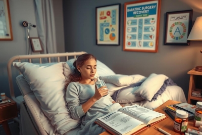 The image shows a young woman lying in a hospital bed, wearing a gray nightgown. She is reading a book while sipping a glass of water. The room has medical posters on the wall and books and other personal items on the table next to it, making it look like a personalized hospital environment.
