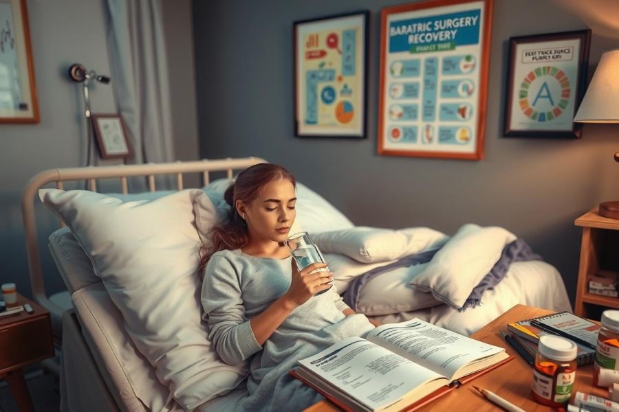 The image shows a young woman lying in a hospital bed, wearing a gray nightgown. She is reading a book while sipping a glass of water. The room has medical posters on the wall and books and other personal items on the table next to it, making it look like a personalized hospital environment.