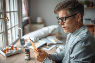 A man in glasses is seated at a desk, engrossed in reading a piece of paper. The desk is well-organized with various items such as books, a bottle, and a coffee cup, suggesting a professional or academic setting.