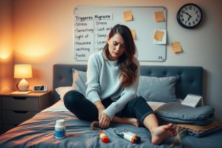 The image portrays a woman sitting on a bed, her posture relaxed yet thoughtful. She's clad in casual attire and is barefoot, which adds to the informal ambiance of the scene. In front of her, an array of objects suggests she might be preparing for a trip or has just returned from one: bottles possibly containing toiletries, a toothbrush, and a small suitcase. To the side, a clock indicates the passage of time, while notes jotted on a board hint at plans or reminders. The room's lighting is soft and warm, enhancing the intimate and cozy atmosphere.