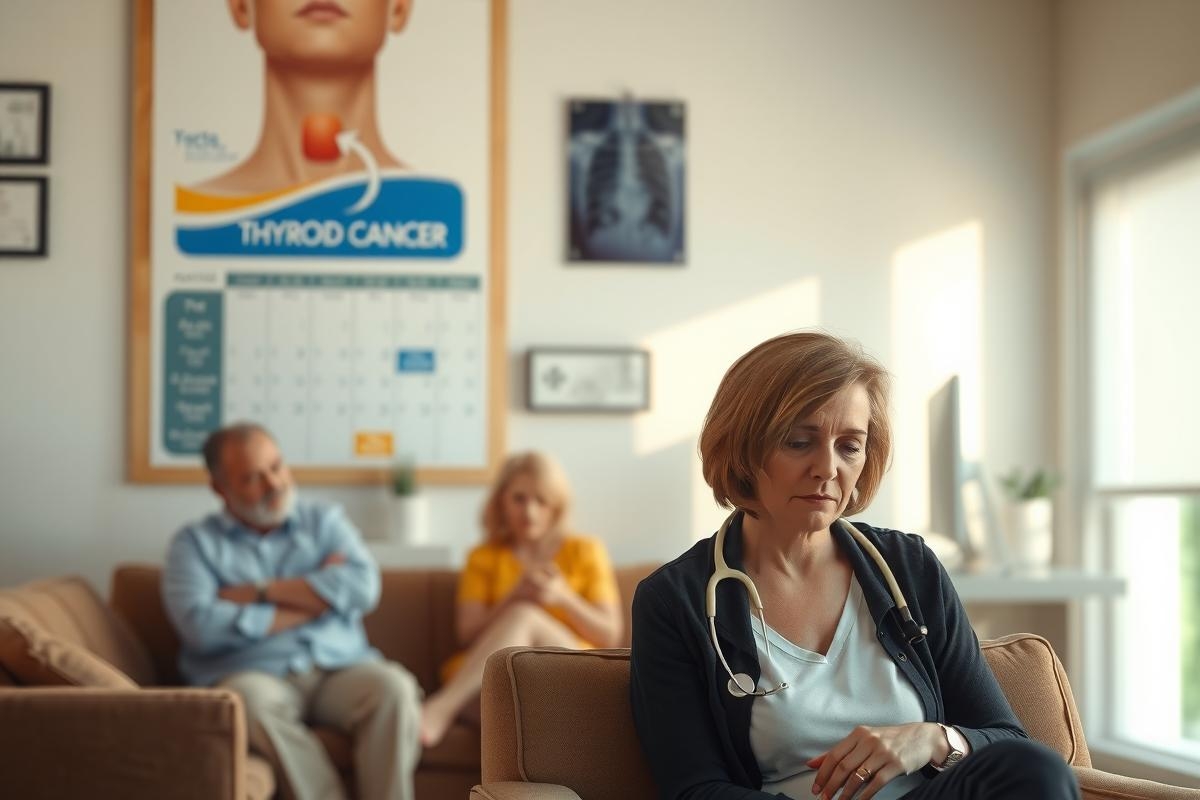 The image shows a medical setting with a woman seated at a desk. She appears to be a doctor, as indicated by her stethoscope and the context of the scene. The room is brightly lit with natural light coming in from the windows. There are other people in the background who seem to be waiting for an appointment or consultation.