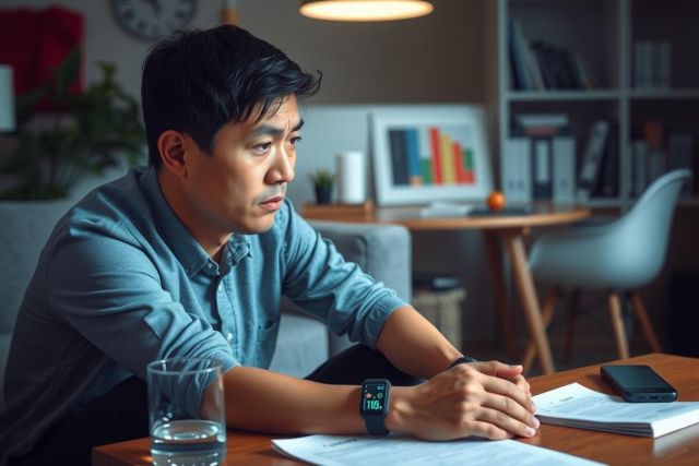 A young Asian male sitting at a desk in an office setting, looking down at papers. He has short dark hair and is wearing professional attire including a light blue shirt.