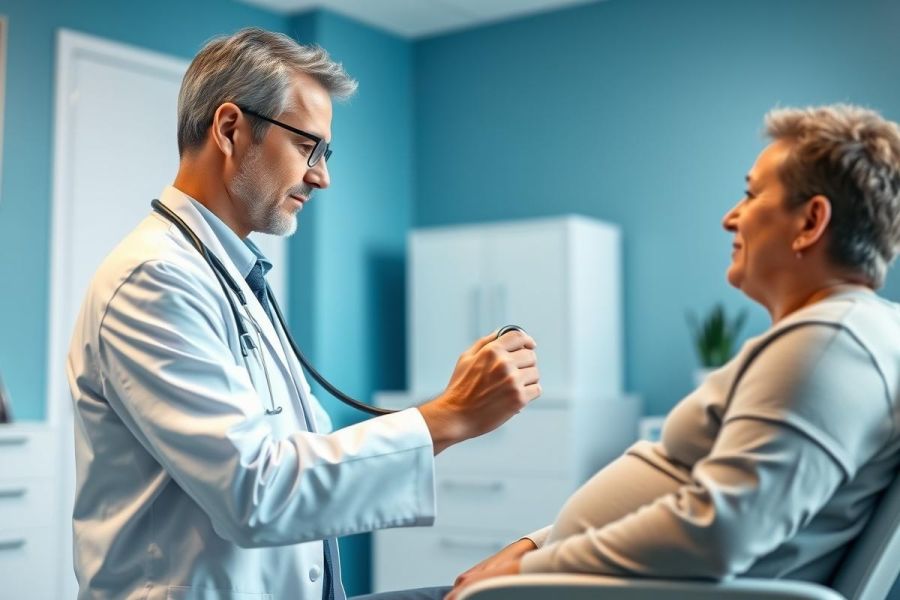 Doctor examining a senior patient in a teal-colored medical office. The healthcare professional uses a stethoscope during a check-up. Image depicts senior care, medical examination, and a doctor-patient relationship in a clinical setting.