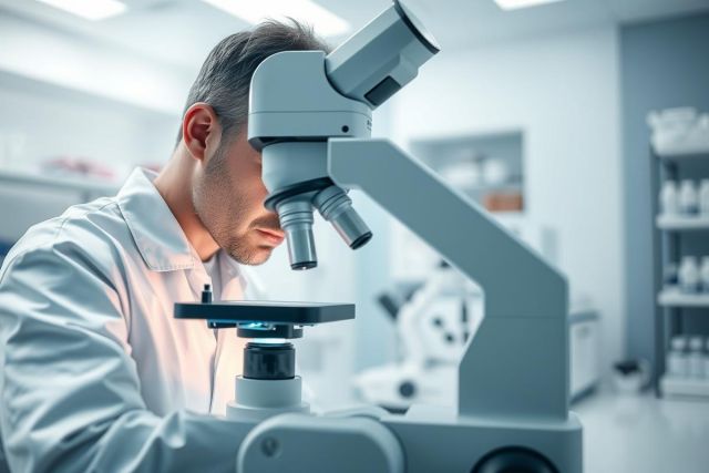 Scientist examining a sample under a microscope in a modern laboratory. The image showcases research, science, and medical analysis with a focus on the equipment. Cool blue and white tones create a professional, clinical environment.