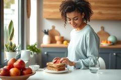 The image features a woman in a home kitchen, preparing food. She is standing at the counter and appears to be slicing fresh fruit for a meal or snack.