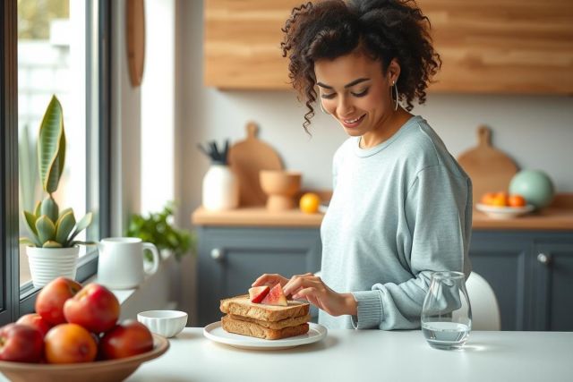 The image features a woman in a home kitchen, preparing food. She is standing at the counter and appears to be slicing fresh fruit for a meal or snack.