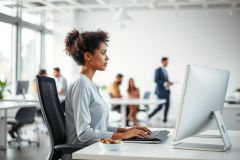 A focused Black woman works at a computer in a modern, bright office space. The scene depicts a collaborative work environment with colleagues in the background. Predominantly white and gray tones create a clean, professional aesthetic. Represents remote work, office life, and technology.