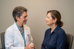Doctor in a white coat discussing dental treatment options with a seated middle-aged patient in clinic.