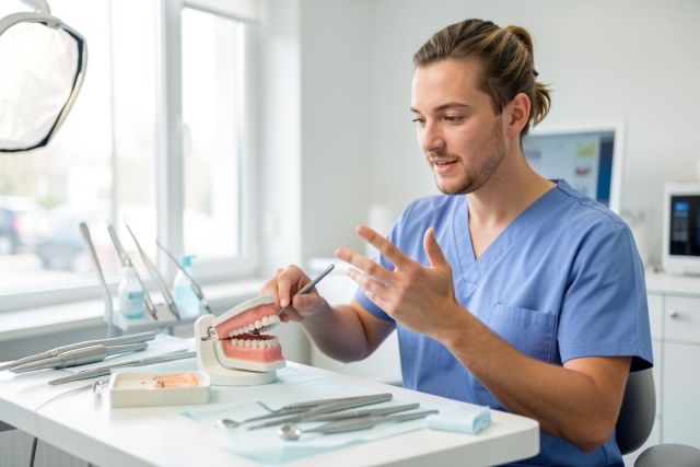 Dentist in blue scrubs demonstrating tooth anatomy and a dental crown on a model while explaining treatment.